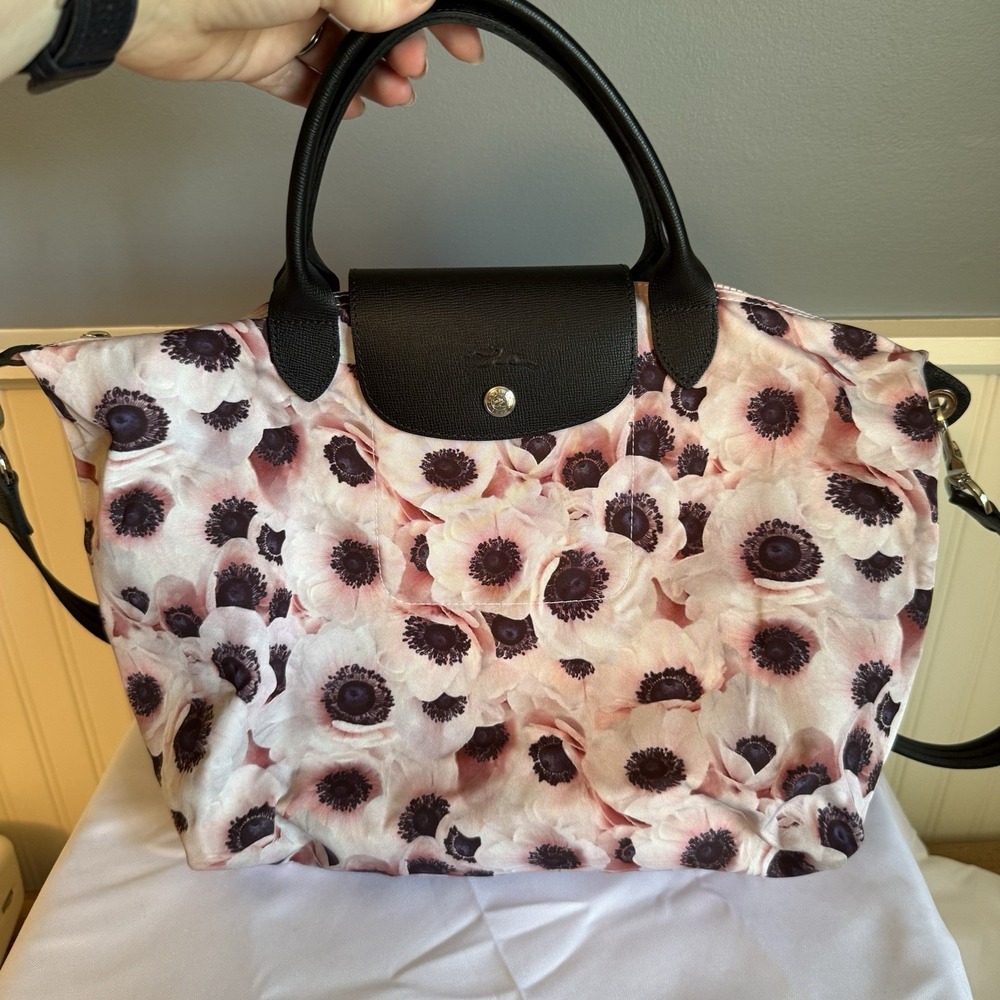 Longchamp Le Pliage Anemone Tote Crossbody Bag Nylon Pink Black Flowers